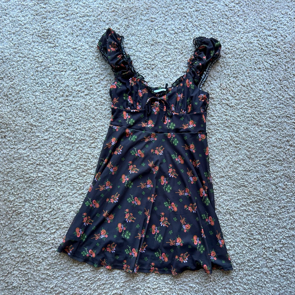 Floral Black Mesh Dress with Ruffled Straps